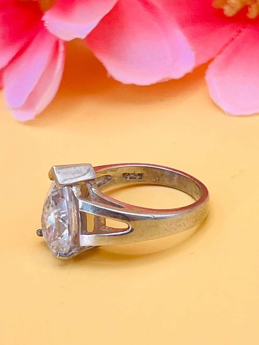 Silver Teardrop CZ Solitaire RingSize 5